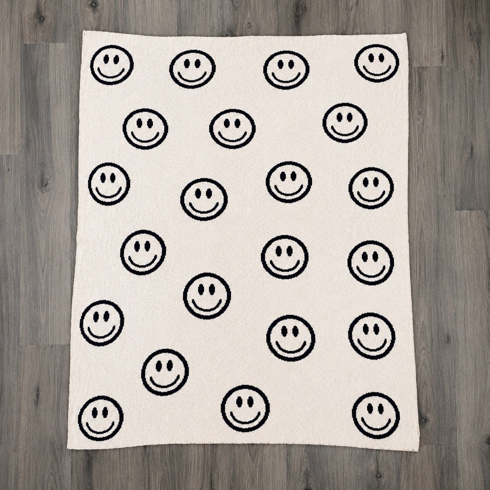 Cynthia Rowley Smiley Face Throw Blanket 60x53 Cream Black Knit Happy Face Cozy